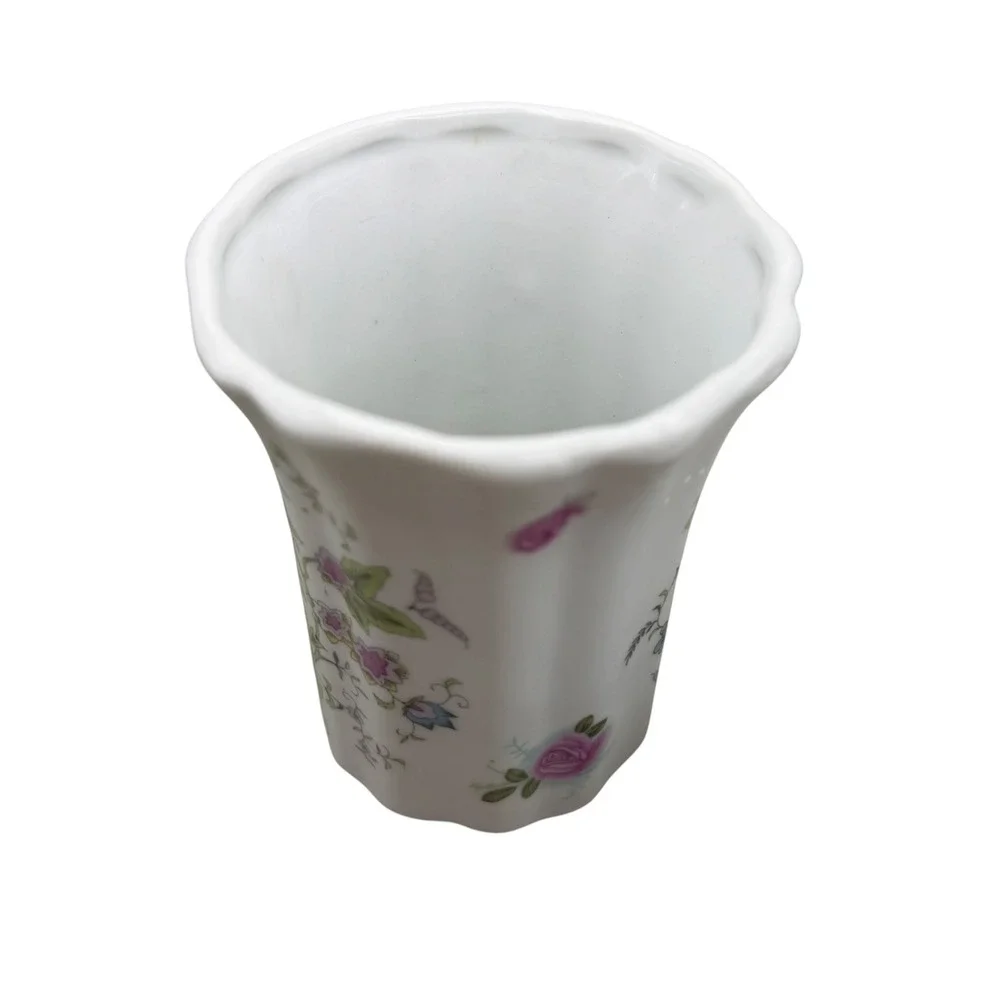 Vintage Floral Ceramic Soap Dish and Tumbler Set Pink Roses Blue Flowers 2pc